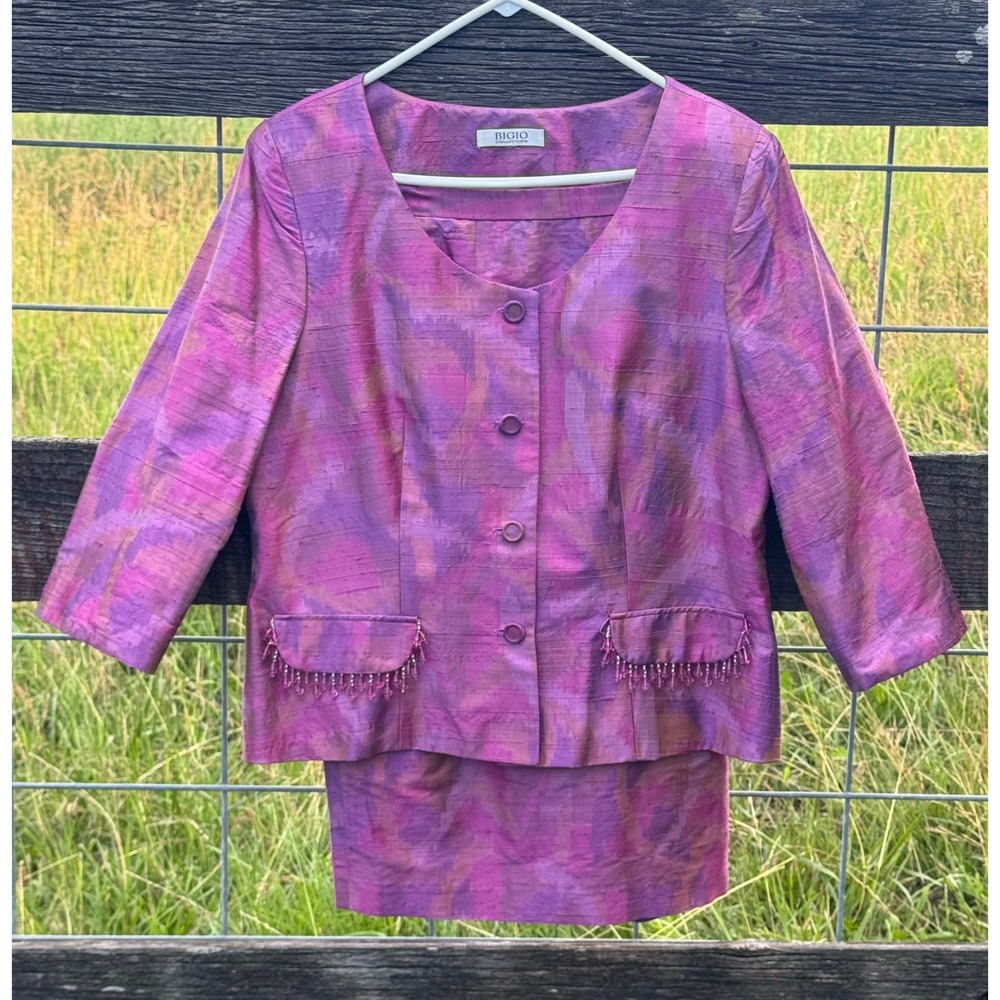 Bigio Collection 100% Silk Skirt Suit Purple Pink Abstract Beaded 2 Piece Set